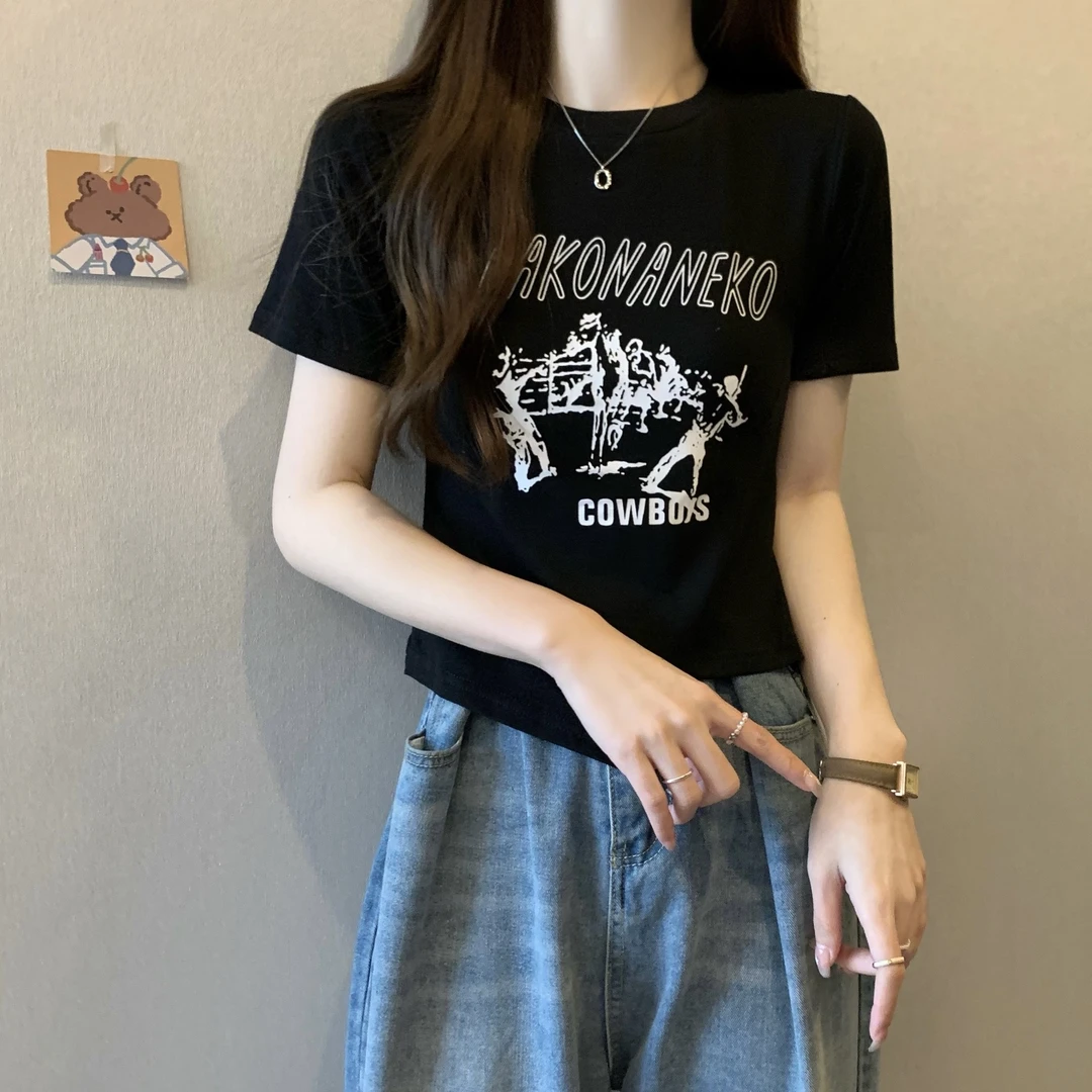 美式正肩短袖t恤女2025新款夏季设计感印花圆领套头显瘦百搭上衣