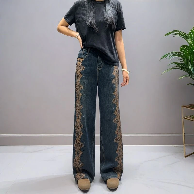 复古刺绣阔腿牛仔裤女2025秋季新款高腰宽松显瘦垂感民族风直筒裤