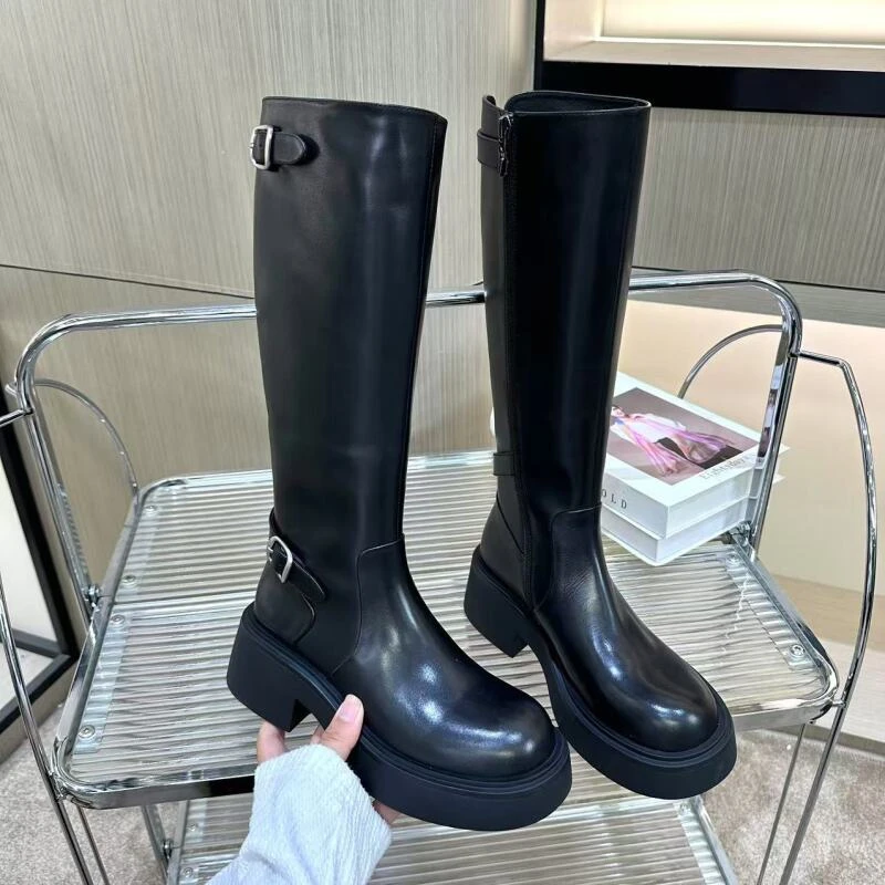 -2025秋季新款厚底圆头百搭英伦风侧拉链真皮女士长筒靴女G357