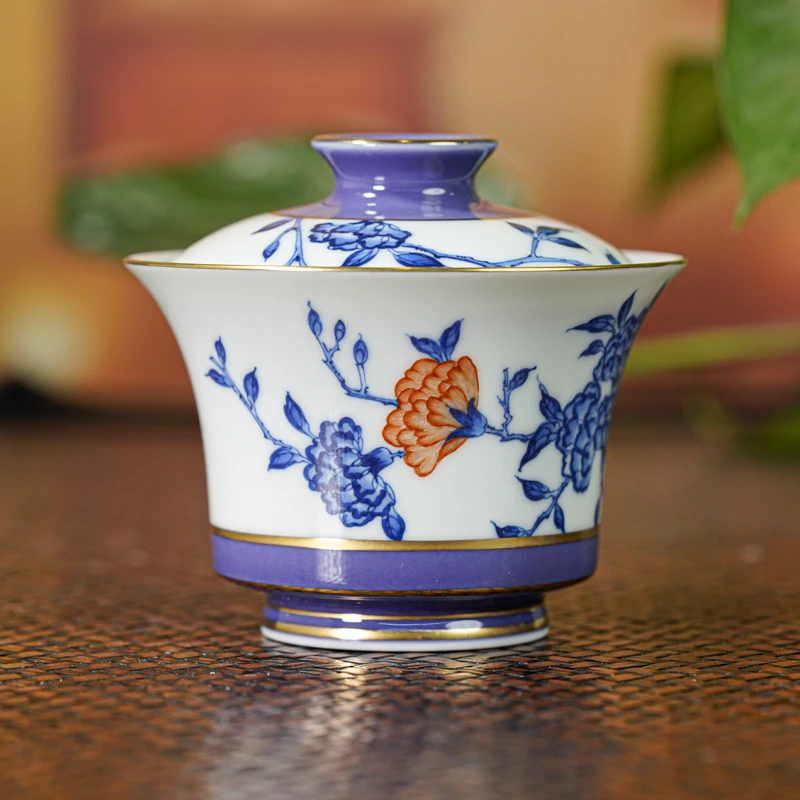 【央广非遗】一如山房紫罗兰描金斗彩（山茶花）马蹄盖碗yrsf30