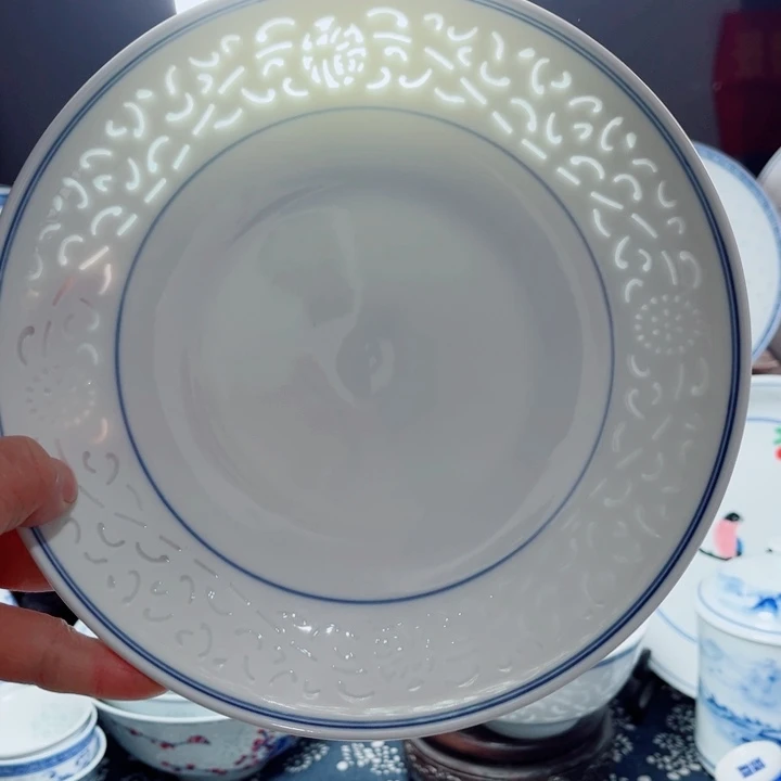 青花玲珑8寸窝盘满雕双福双线