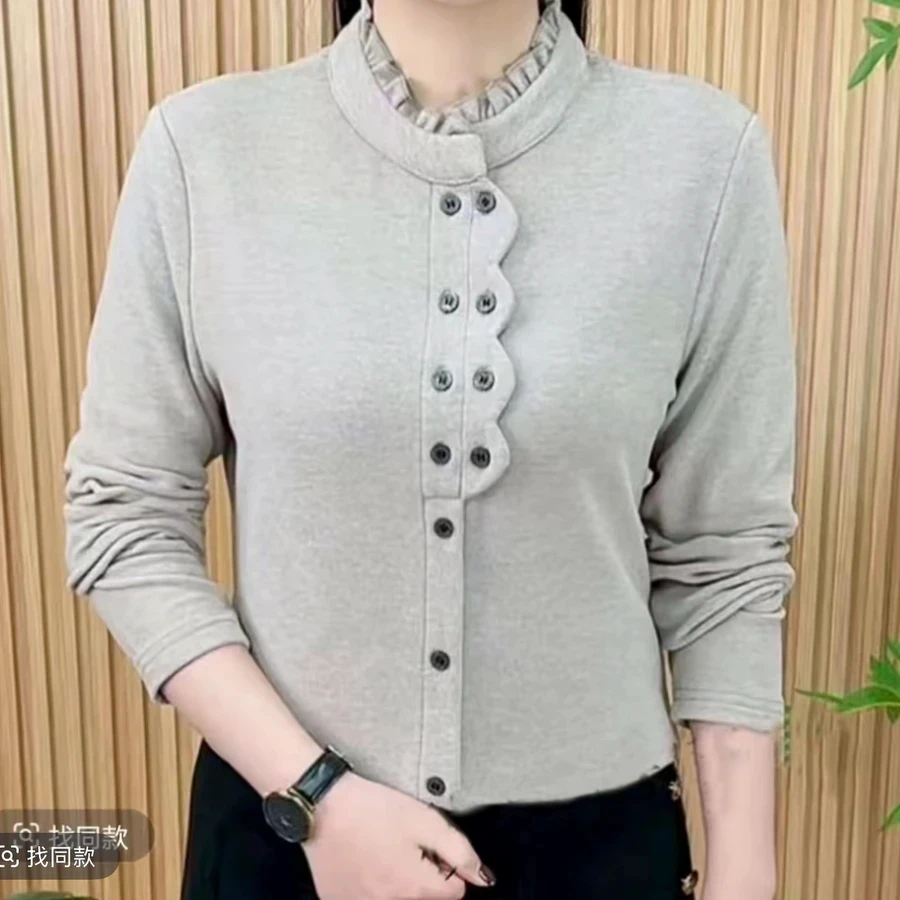 长袖洋气常规宽松型气质春秋荷叶领T恤木耳边百搭