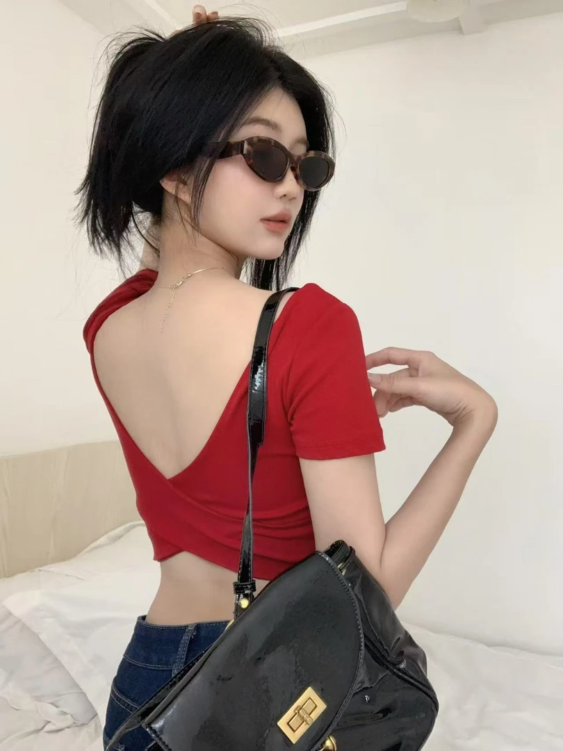 【1400 - 1499】辣妹交叉露背带胸垫长袖上衣女秋款可内搭单穿短款