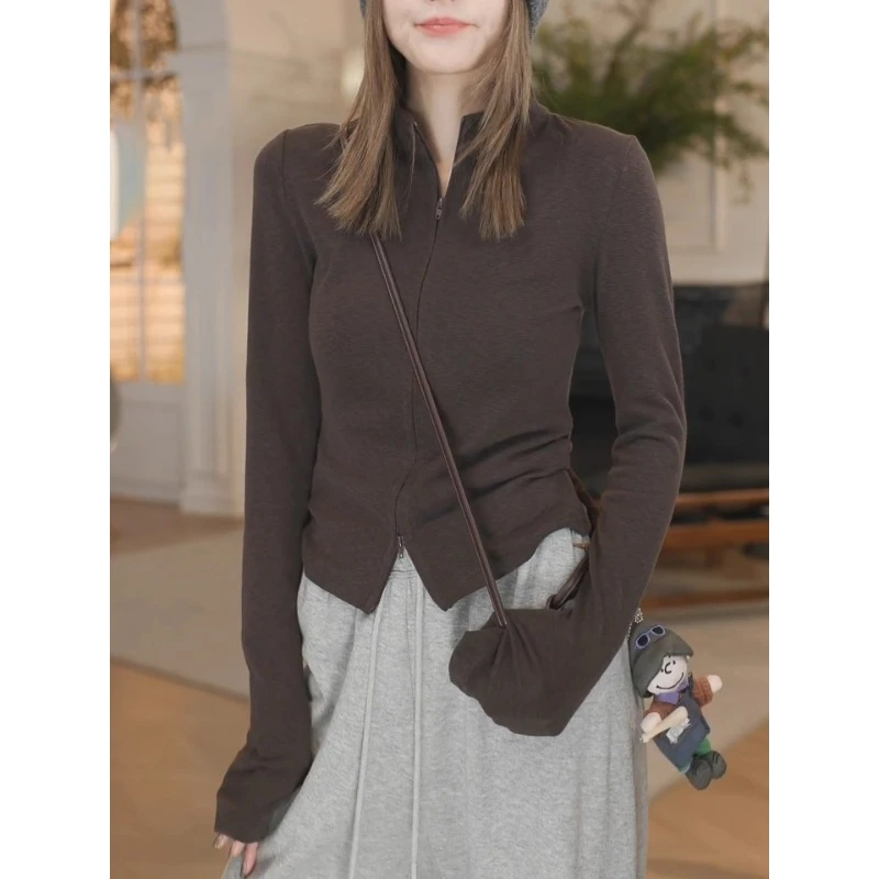 咖色双拉链长袖 t恤女秋冬立领打底衫2025年新款美式修身显瘦上衣