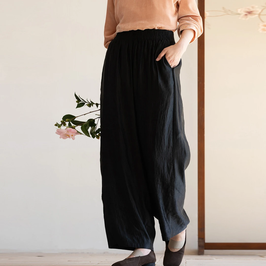牧衣游原创 26姆米重磅丝麻净色休闲长裤黑色显瘦宽松阔腿裤 曦容