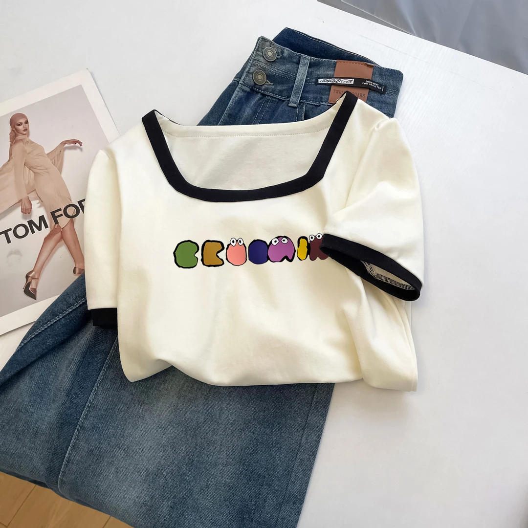 yoewshean/羽媗微胖妹妹大码女装夏季短袖t恤遮肚子显瘦方领上衣