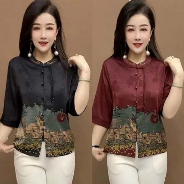 国风衬衫夏季气质高档显瘦款女士时尚百搭新款立领妈妈五分袖开衫