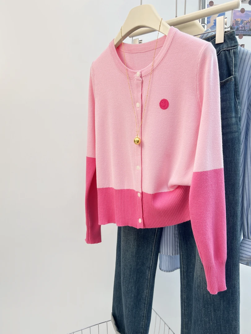 粉色短款撞色针织开衫外套女夏季显瘦慵懒风吊带外搭冰丝上衣薄款