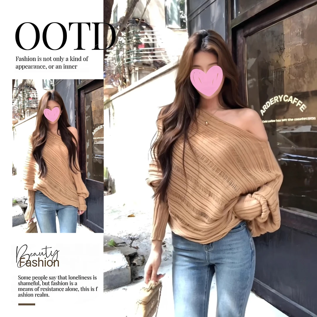 纯欲风性感斜肩长袖针织衫女早秋新款设计感小众宽松显瘦套头上衣