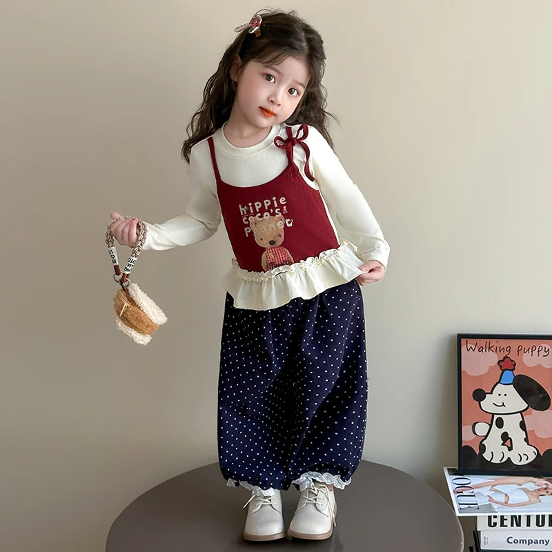 女童假两件花边套装洋气儿童春秋季新款女宝宝休闲裤两件套小女孩