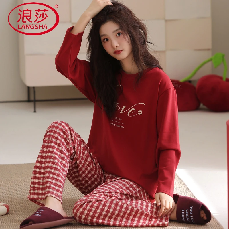浪莎睡衣套装双面女生大红套头圆领少女款春秋款青春学生红色家居