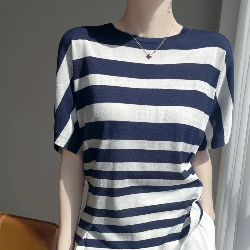 夏季新款时尚短袖条纹t恤女士百搭休闲圆领针织半袖宽松 打底背心