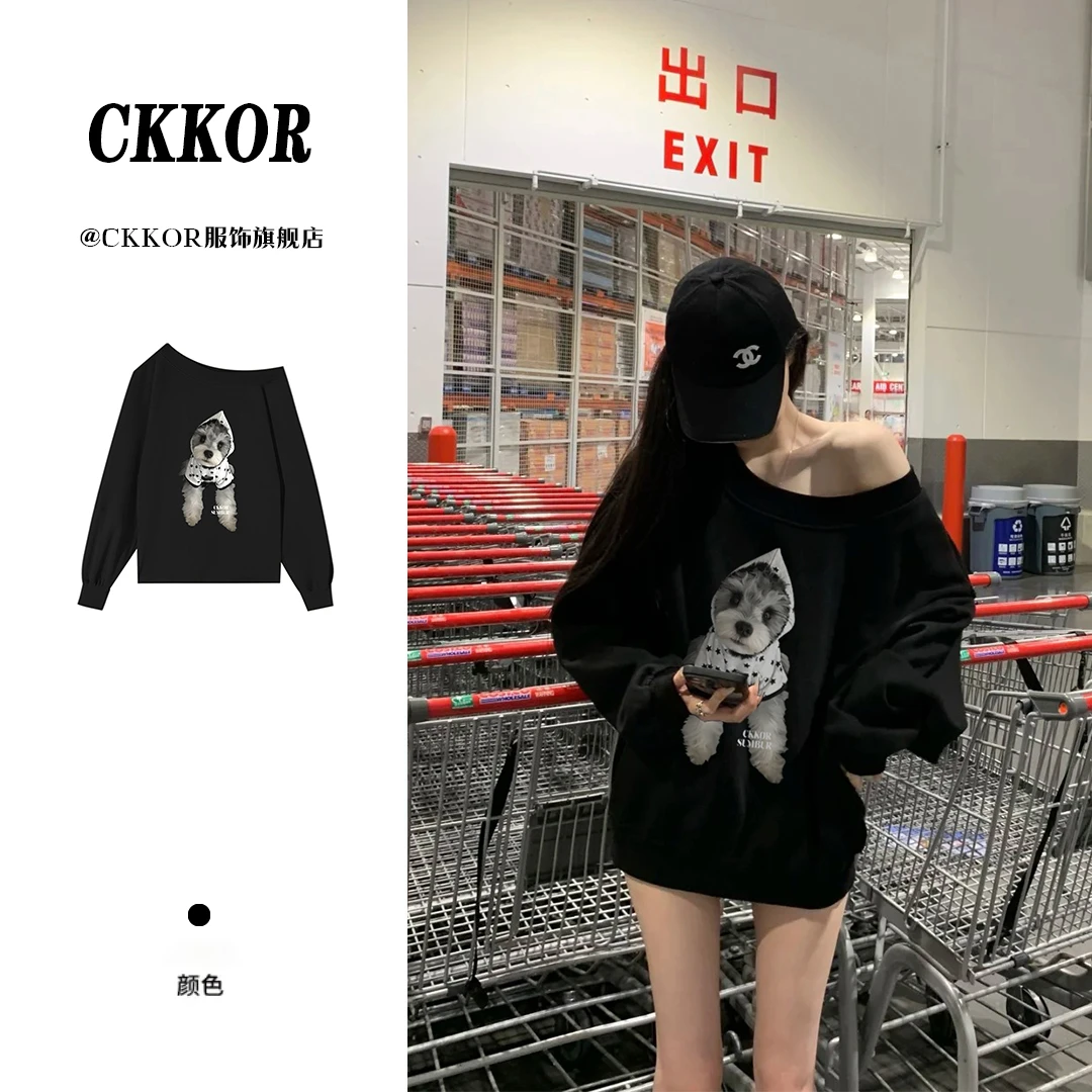 CKKOR设计感韩系斜肩长袖t恤女春秋款薄款简约印花宽松慵懒风上衣