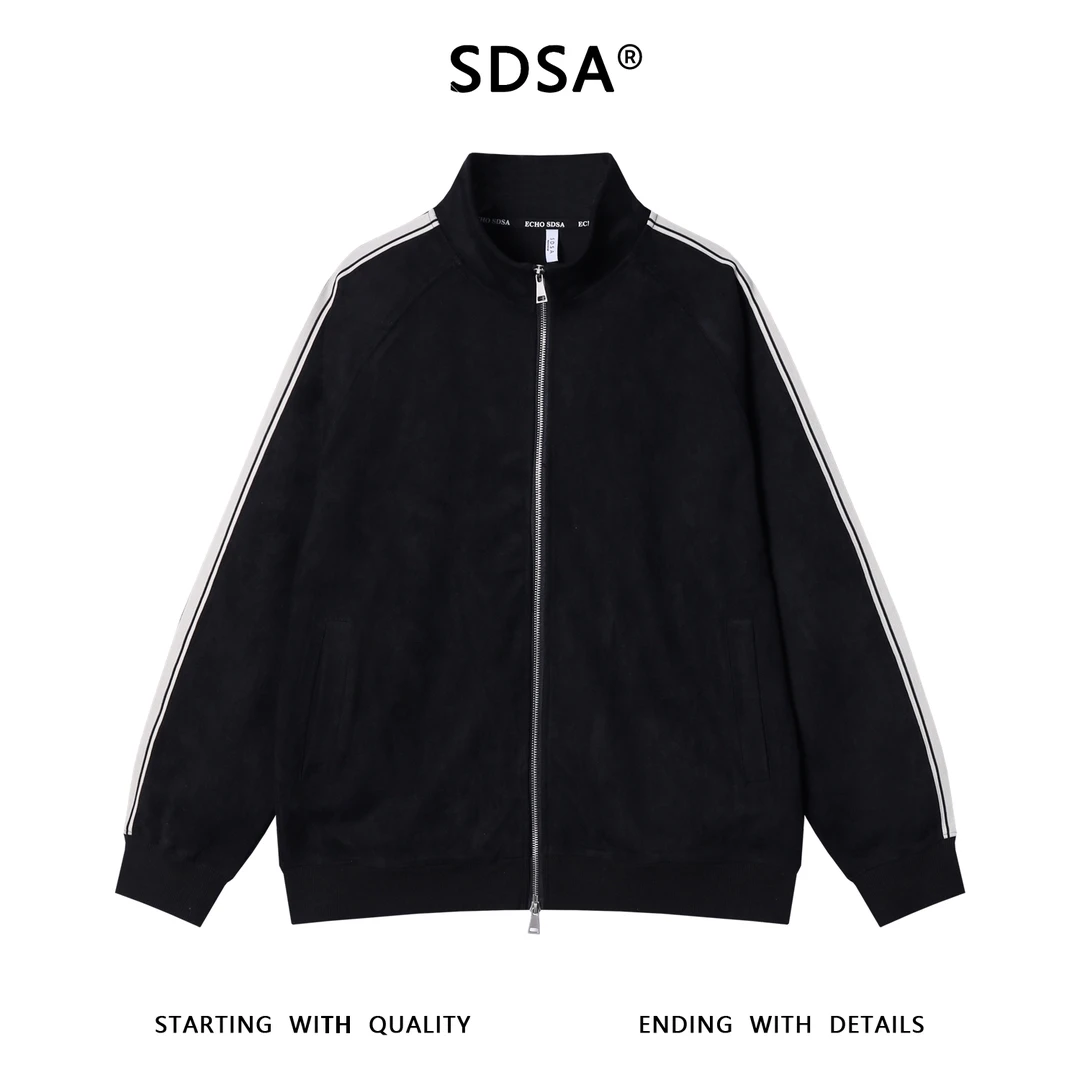SDSA秋冬新款痞帅男装潮牌轻奢绒面撞色织带拉链立领卫衣时尚上衣
