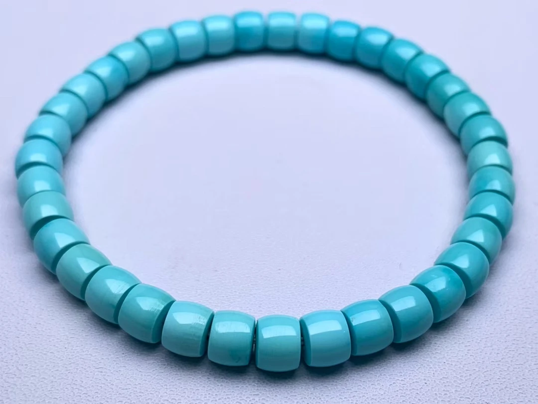 原矿高瓷天空蓝精品绿松石老型直切单圈手串，干净清爽，直径6.5+
