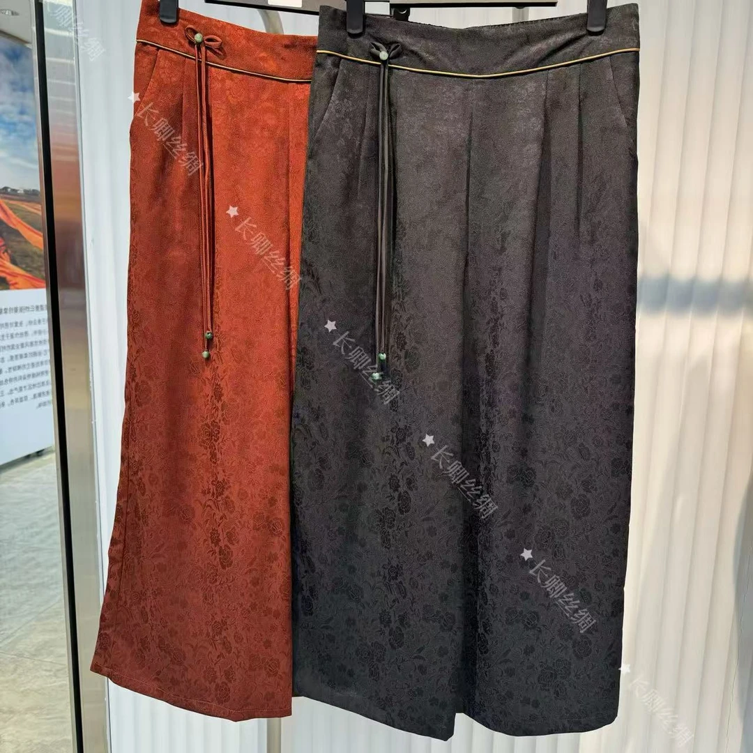 【江长卿】2025国风新中式刺绣裤女春秋复古新款高腰阔脚时尚长裤