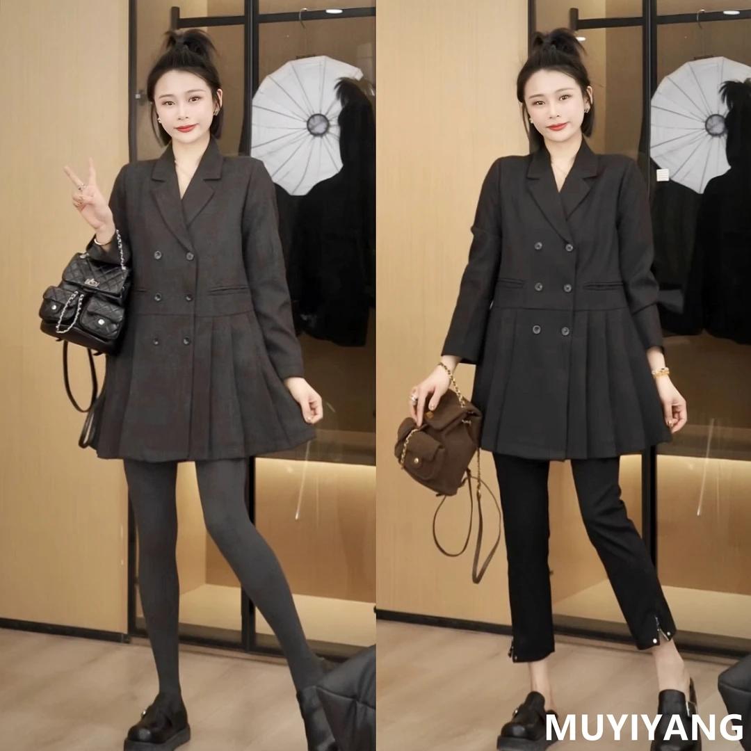 【百褶】设计感双排扣百褶高定版西装领连衣裙 衣长78 25-007#