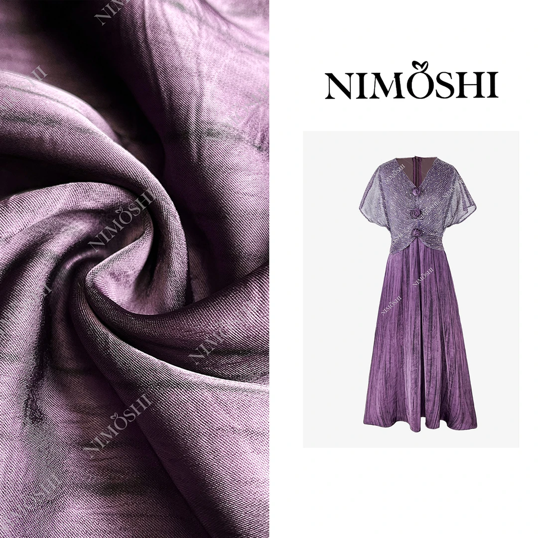 NIMOSH【南油】流行法式V领礼服绝美紫网纱气质显瘦连衣长裙Q2003