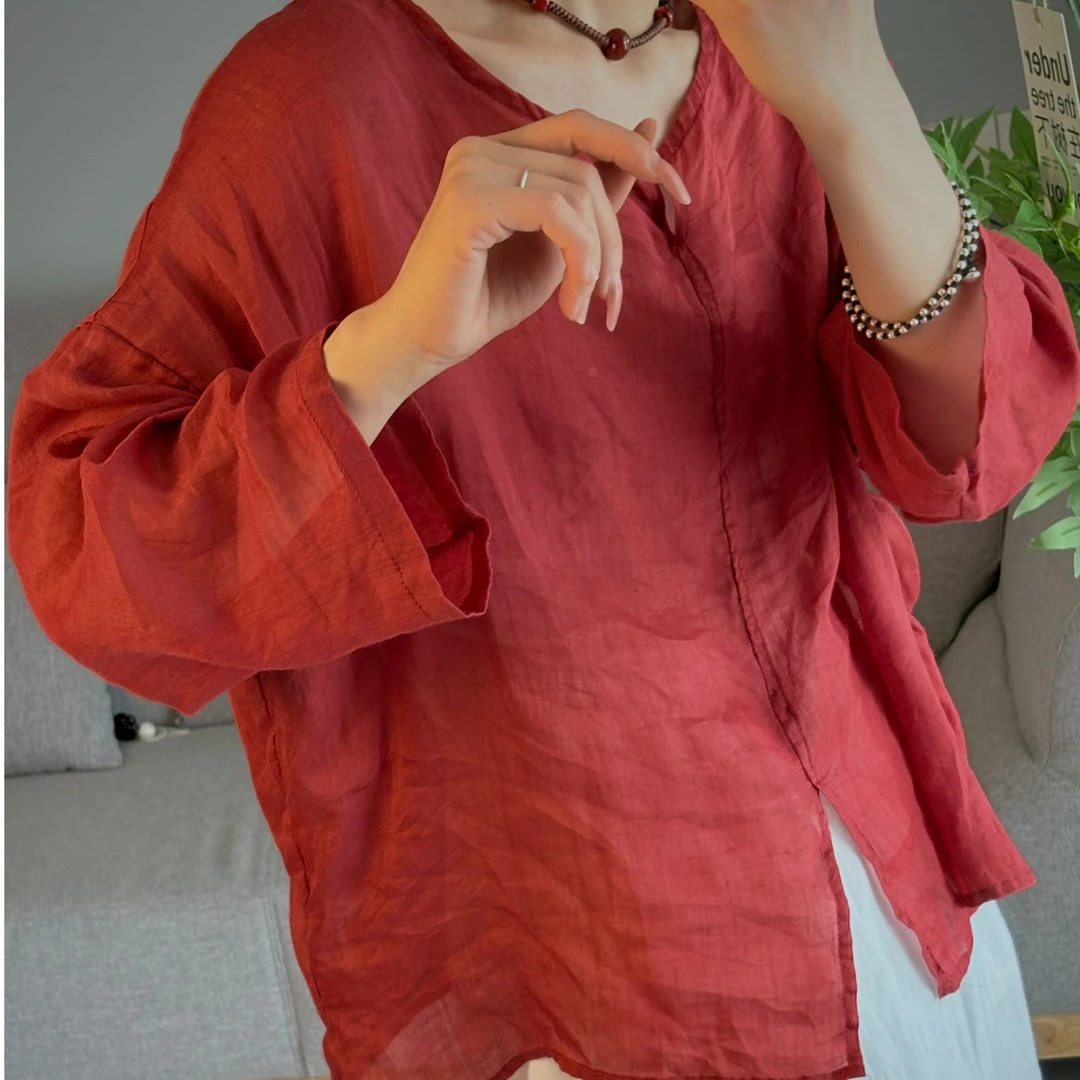 V领七分袖夏季麻料宽松显瘦衬衫纯色女装