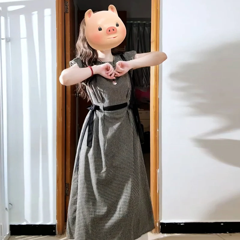 【现货+运补】黑白格子连衣裙今年流行爆款气质收腰法式a字长裙3227