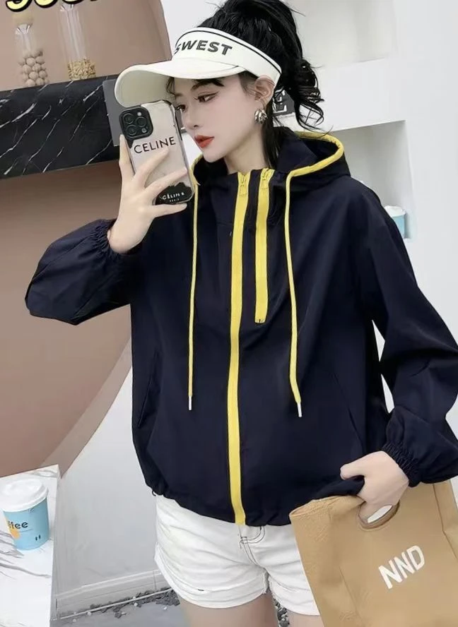 908时尚拉链通勤短外套宽松型韩版连帽带帽女宽松女士防晒服夏季