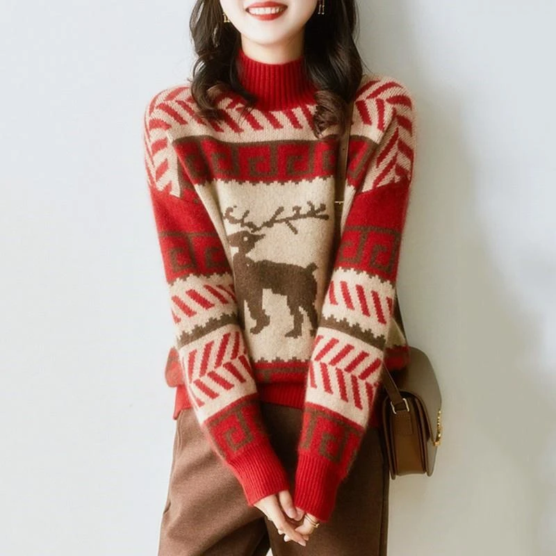 FAVMARTHA-学院风初中女孩圣诞毛衣小鹿提花洋气百搭半高领针织打