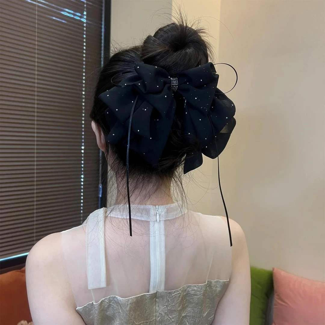 碎头饰网纱陶瓷钨发夹女后脑勺蝴蝶结水貂毛满天星合新款