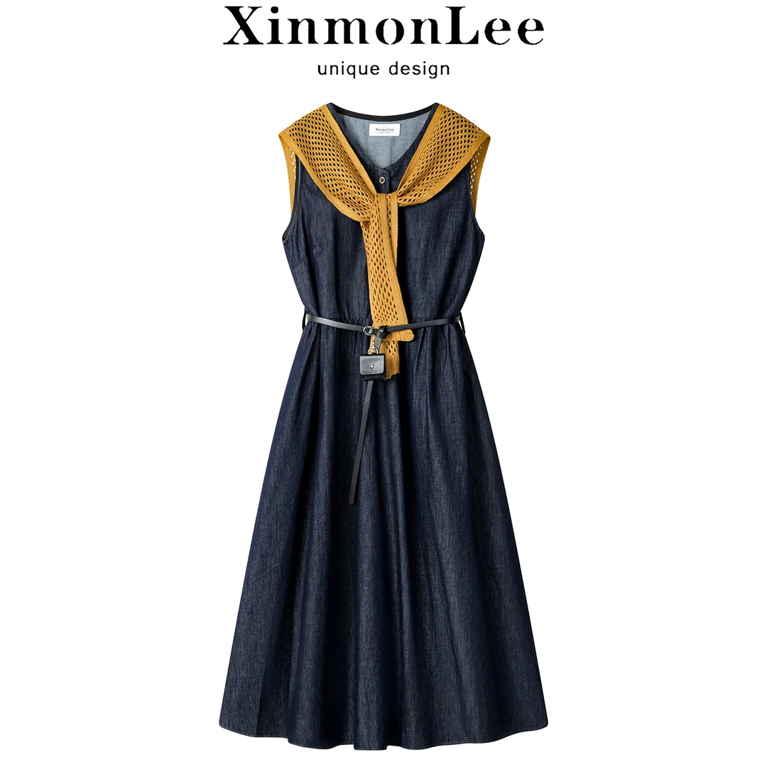 XinmonLee韩版法式气质牛仔拼接无袖连衣裙收腰显瘦文艺背心裙夏