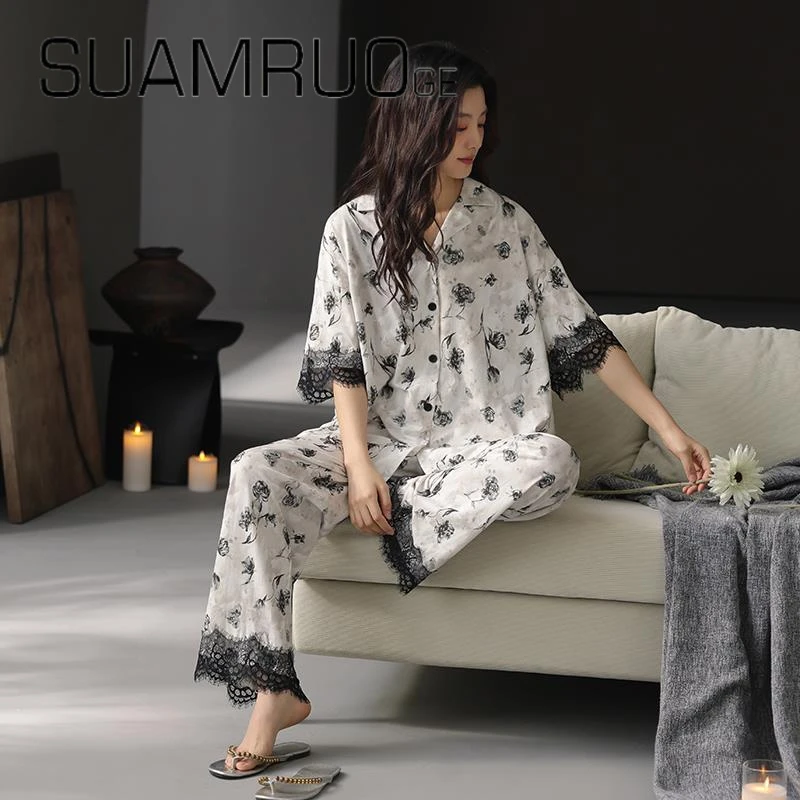 韩版小众睡衣女款夏季莫代尔棉蕾丝短袖长裤开衫高级感凉感家居服