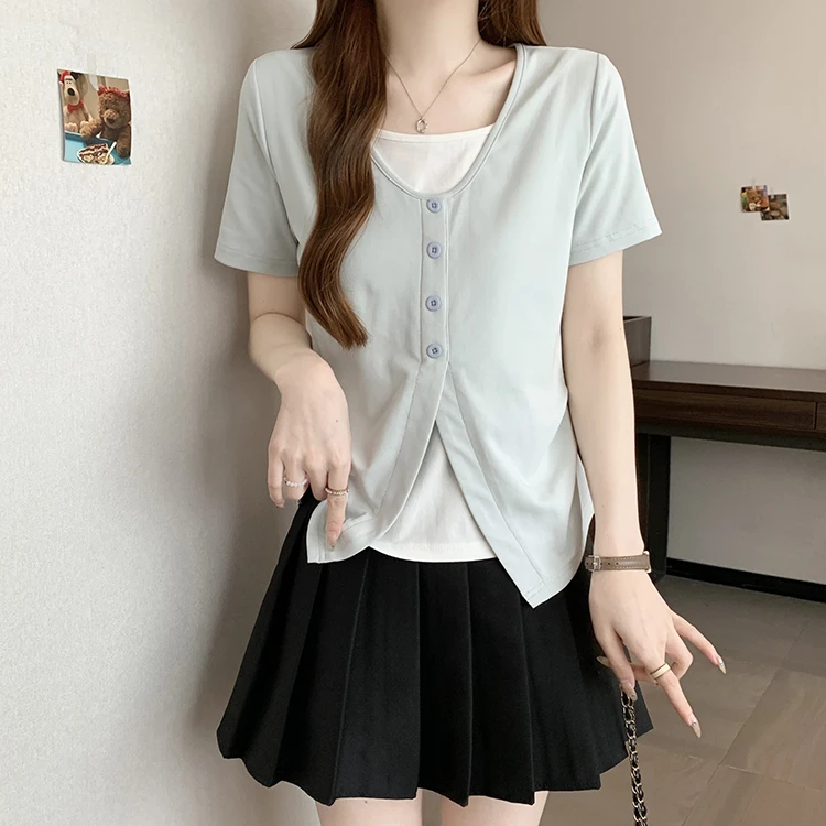 假两件撞色短袖T恤2025夏装新款女休闲减龄显瘦遮肉拼色洋气上衣