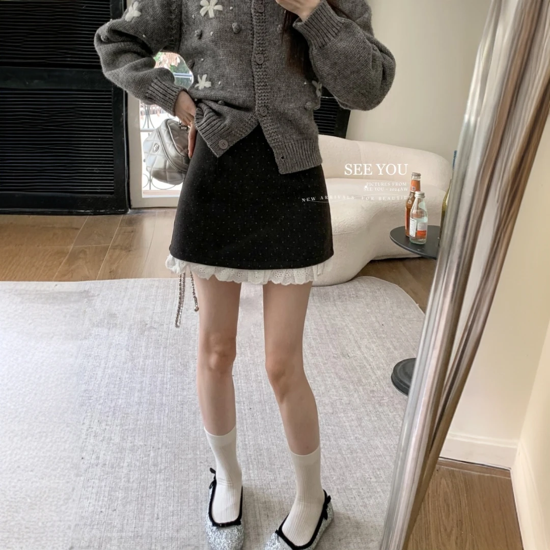 2025韩系蕾丝花边裙子女拼接波点西装半身裙高腰百搭显瘦a字短裙