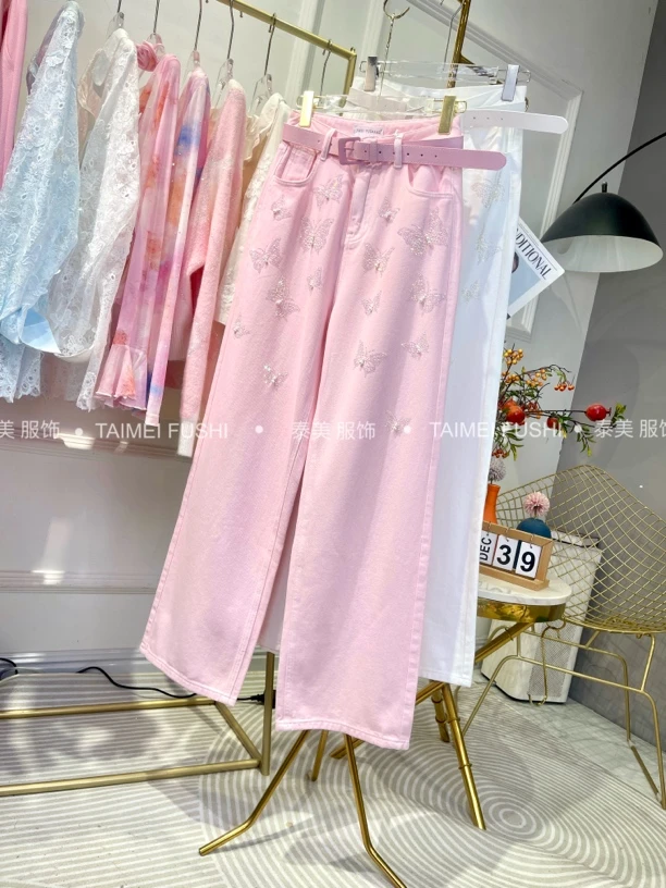 欧洲站高腰蝴蝶烫钻白色牛仔裤显瘦直筒阔腿裤春夏配腰带休闲裤女