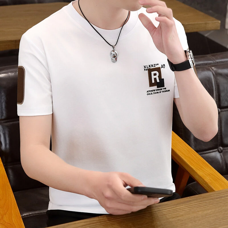 初成男士夏季新款刺绣休闲短袖透气圆领简约时尚百搭t恤2576