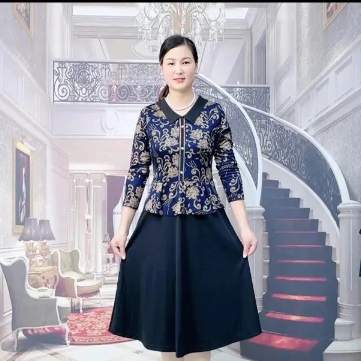 10155长袖春款假两件裙子气质妈妈装中老年