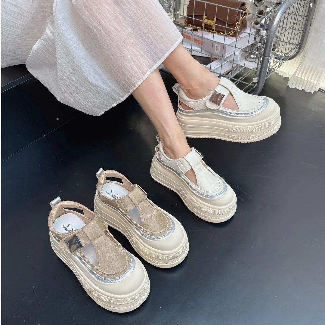 【7厘米增高】镂空透气魔术贴拼接运动凉鞋休闲女鞋2025夏季罗马风