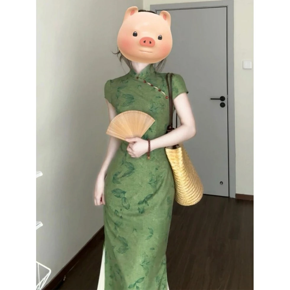 画报夫人漂亮显瘦新中式国风改良旗袍短袖绿色连衣裙女春季显身材