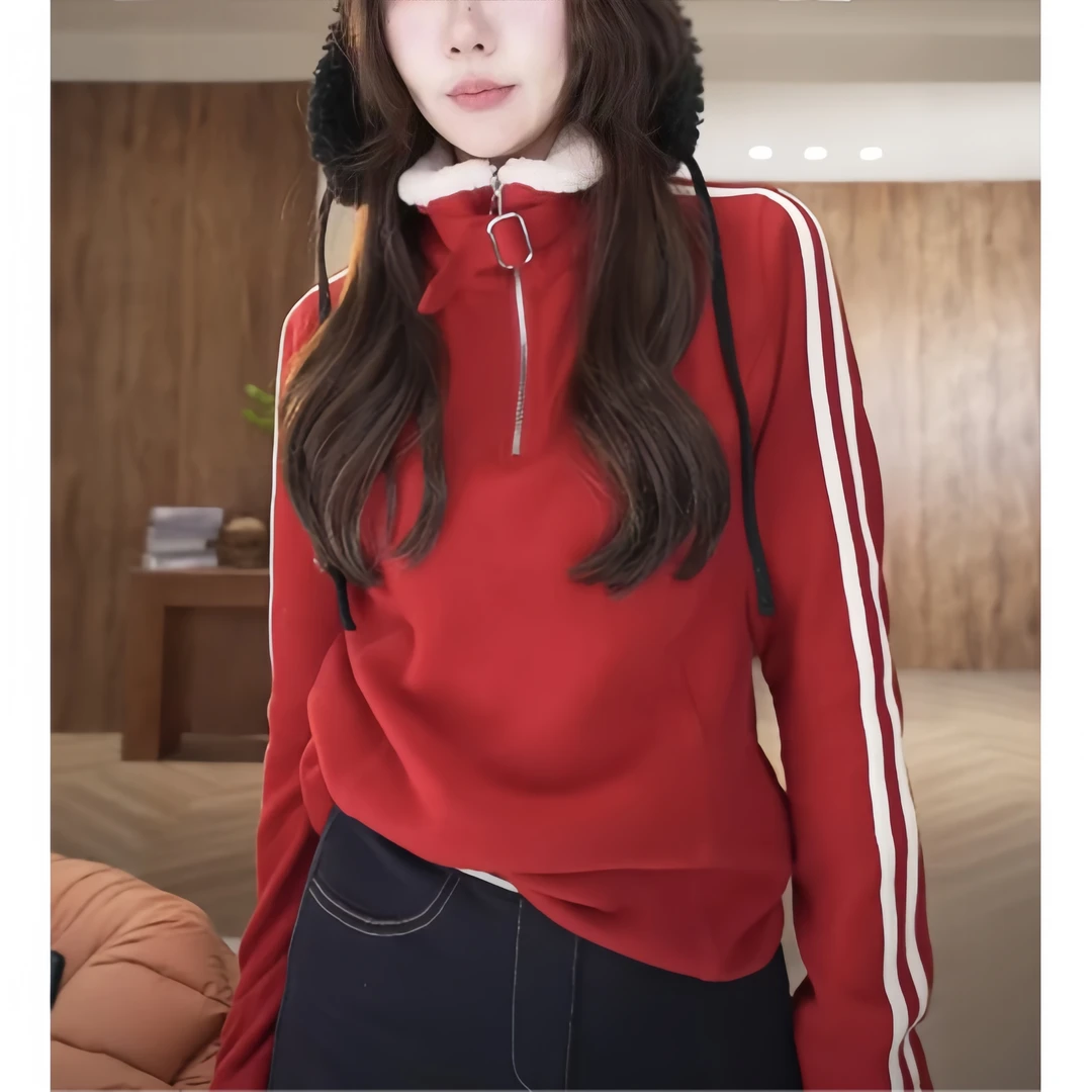 2025秋冬季新款德绒条纹半拉链立领卫衣女时尚百搭休闲长袖上衣女