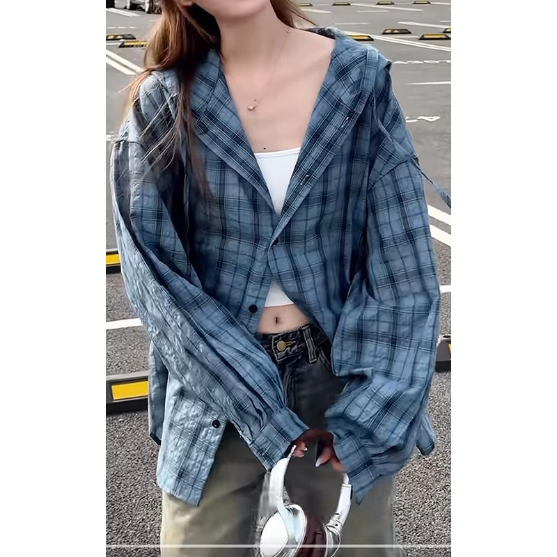 春夏美式复古休闲格子长袖衬衫慵懒潮牌宽松衬衣防晒外套男女同款