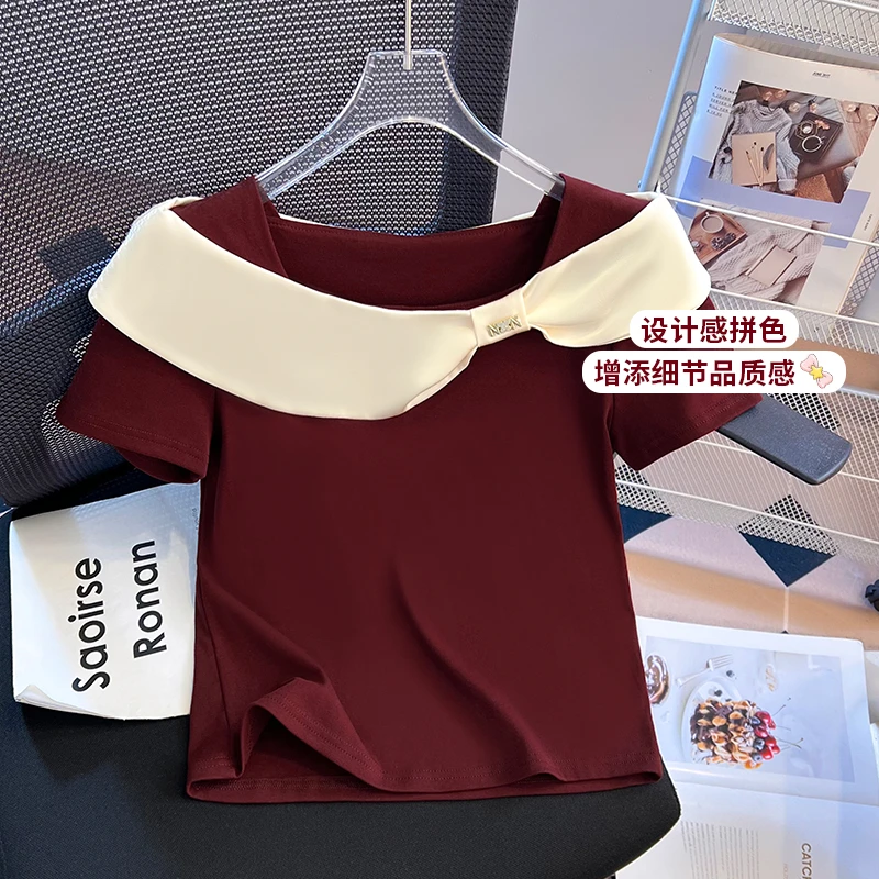 时尚短袖T恤女2025年夏季新款复古设计感撞色一字领修身洋气小衫