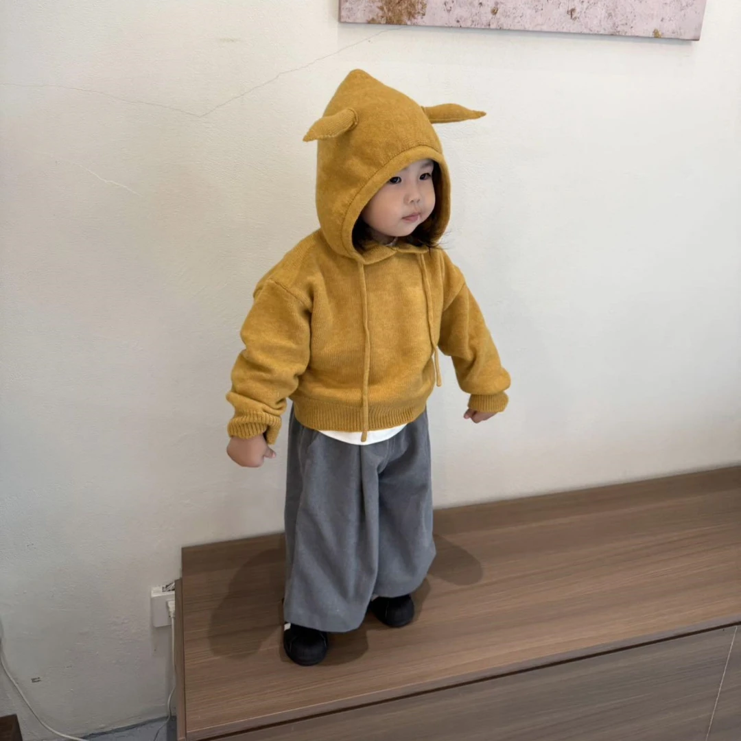 壹妈韩版童装女童秋冬套装洋气儿童黄色连帽针织毛衣阔腿裤两件套