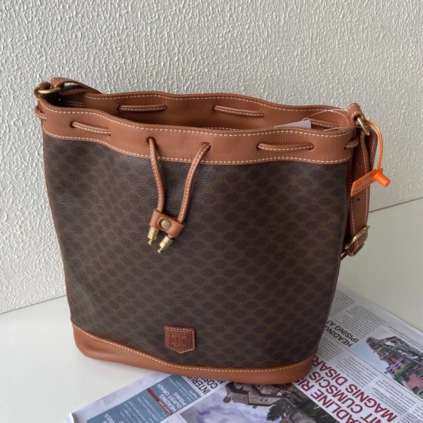 95新 Celine/思琳 XM/凯旋门老花单肩老花抽绳水桶包KH02510057换