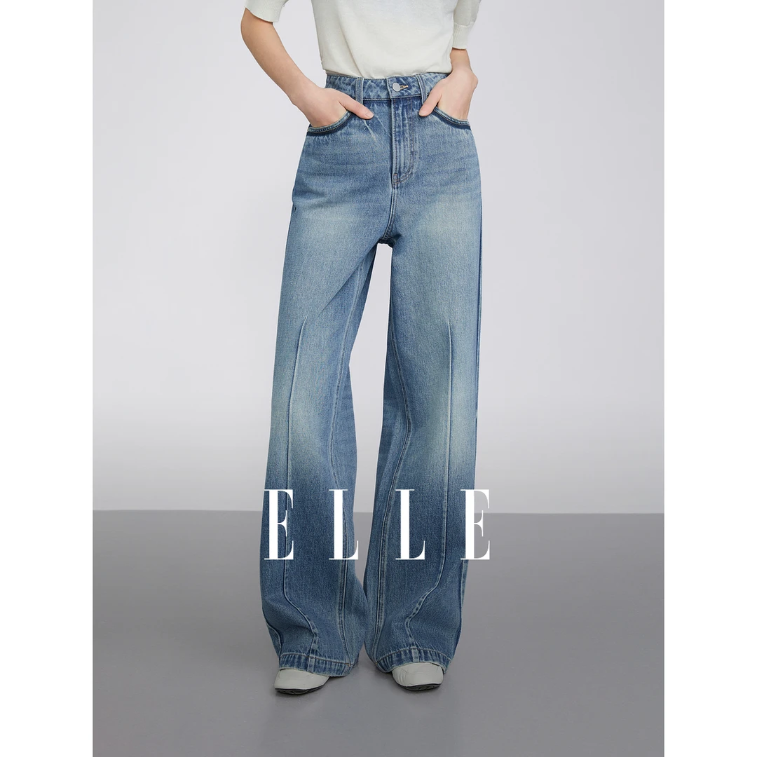 ELLE复古牛仔蓝高腰显瘦水洗牛仔裤女2025春新通勤阔腿裤EQ50592