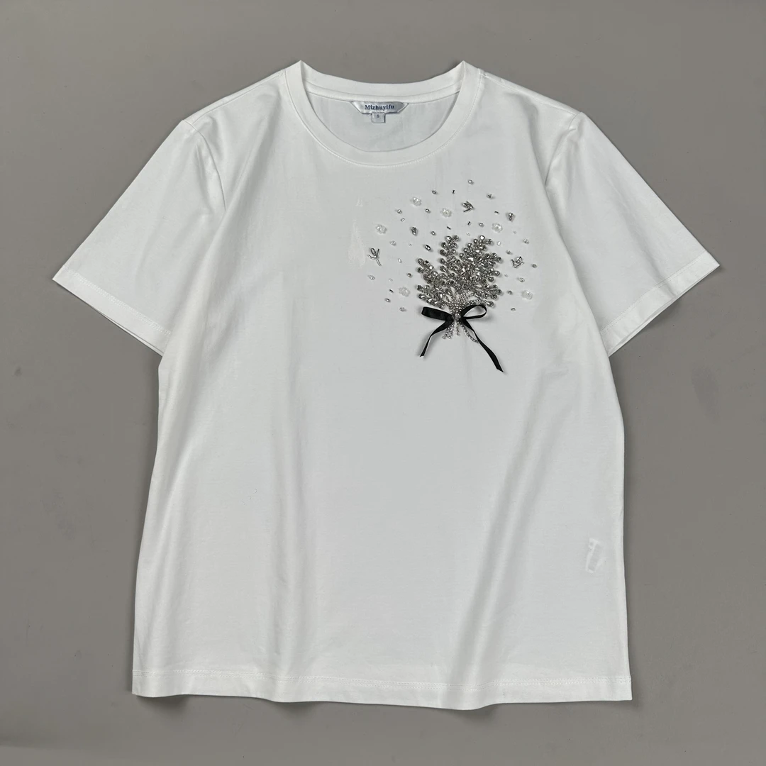 2025女装新款轻奢手工艺钉制稻穗多种异形钻钻链百搭高端T恤