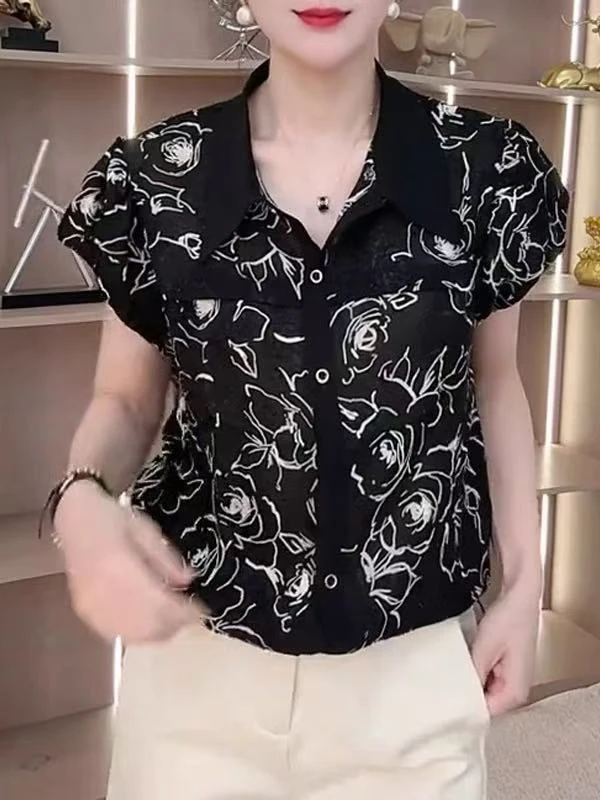 休闲复古新款2025年夏季大码女装黑色碎花拼色翻领衬衫潮9081