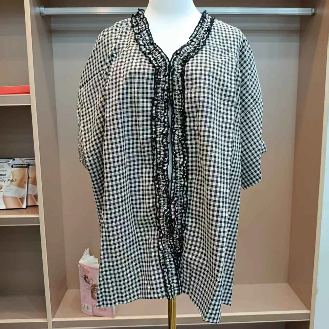 S8399 夏季女装法式常规衬衫时尚格子衬衫V领