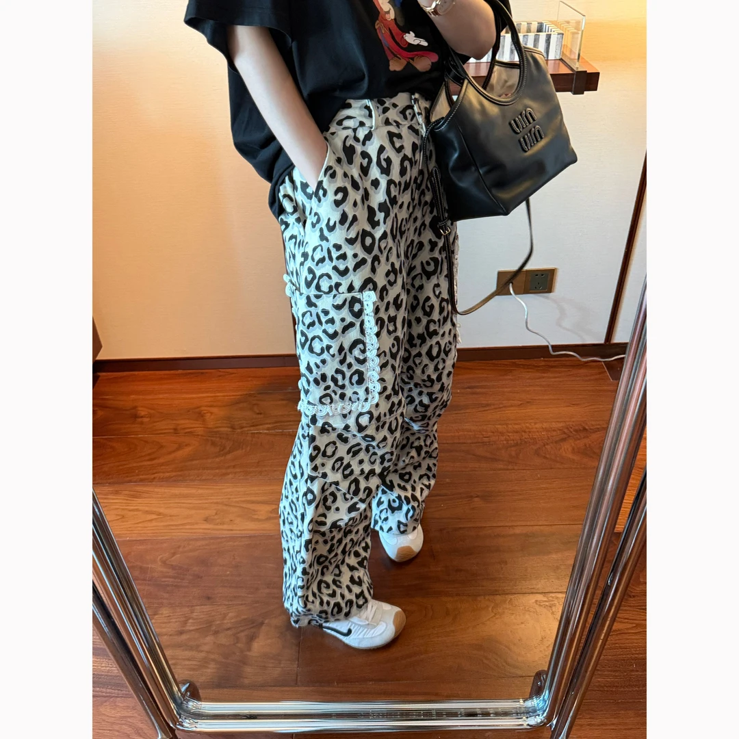 【张静芝】韩国新品~贴布木耳花边拼接洋气黑白豹纹松紧腰休闲裤