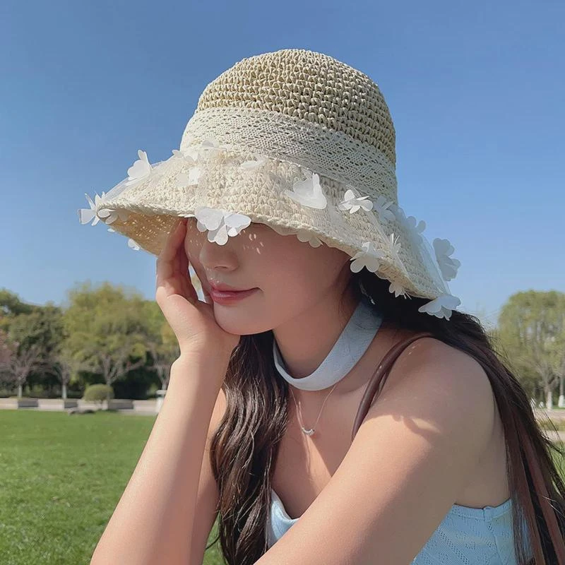 小清新花朵蕾丝田园风帽子女夏海边沙滩度假风遮阳帽镂空透气草帽
