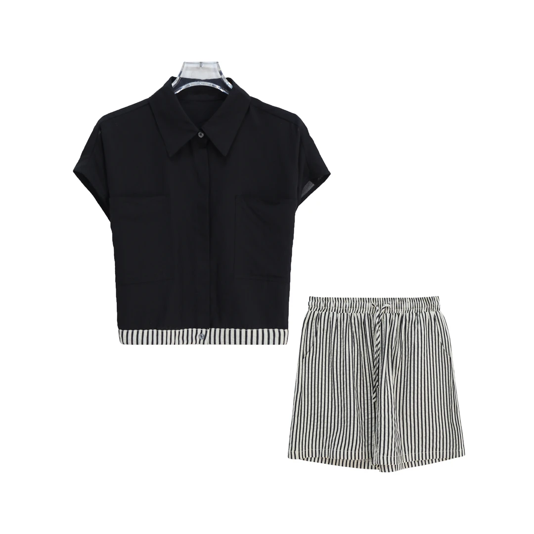 法式高级感小飞袖上衣宽松条纹短裤套装S2018