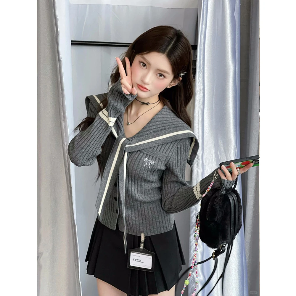 学院风灰色海军领毛衣针织衫女春秋早秋修身短款打底开衫长袖上衣
