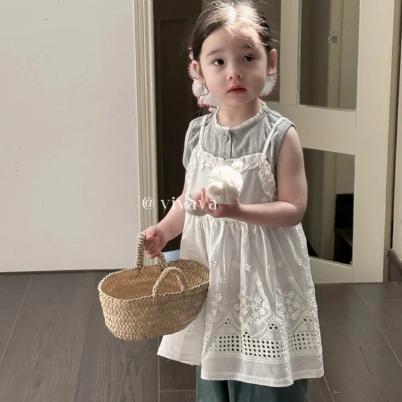 yiyaya 15180女童2025夏款刺绣吊带裙+灰色背心两件套